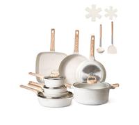 VEVOR Juego de Ollas y Sartenes Antiadherentes de 19 Piezas de Granito, para Inducción, Apto para Cocina de Autocaravanas, con Tapas de Vidrio Templado y Protectores, Apto para Estufa, Blanco