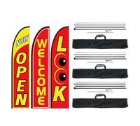 VEVOR Kit de Mástil y Banderas de Pluma Banderas Publicitarias para Exteriores de Empresa Kit de Banderas de Pluma, 3 Banderas (Open, Welcome, Look), 3 Mástiles de 4,5 m, 3 Estacas para el Suelo