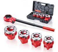 VEVOR Kit de Roscado de Tuberías con Trinquete, Terrajas 4 Medidas BSPT, Roscadora Manual para Tubos de Hierro Dúctil con Trinquete, Mango y Maletín Portátil para Reparación y Instalación de Tuberías