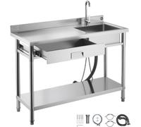 VEVOR, lavabo de acero inoxidable utilitario, de una sola cuba, independiente, pequeño, con grifo de tipo encimera y patas, 100,1 x 48,5 x 95 cm. Lavabo industrial de una sola cuba para garaje, restau
