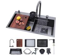 VEVOR, lavabo empotrado de 850 x 460 x 236 mm, lavabo con nivel integrado, grifo de cascada y tabla de cortar, lavabo de un solo seno, ideal para autocaravanas, cocinas auxiliares, lavaderos y bares