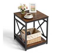 VEVOR Mesa Auxiliar Cuadrada 2 Niveles con Estantes Abiertos, Mesita de Noche con Marco de Metal en Forma de X, Escritorio de Centro 45,7x45,7x51 cm, para Sala de Estar, Dormitorio, Oficina, Marrón