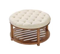 VEVOR Mesa de Centro Redonda, Mesa de Café 810 x 810 x 476 mm con Espacio de Almacenamiento de Madera Maciza y Reposapiés de Lino para Dormitorio y Salón, Capacidad de 158,76 kg, Color Lino
