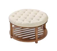 VEVOR Mesa de Centro Redonda, Mesa de Café 810 x 810 x 476 mm con Espacio de Almacenamiento de Madera Maciza y Reposapiés de Lino para Dormitorio y Salón, Capacidad de 158,76 kg, Color Lino