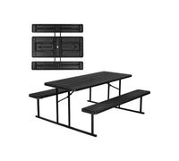 VEVOR Mesa de Pícnic Plegable 180 x 74 x 3,7 cm con Bancos de 180 x 30 x 4,5 mm Estructura de Acero Mesa de Comedor Interior Exterior con Orificio para Sombrilla para Patio, Jardín, Piscina, Negro