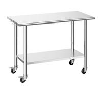 VEVOR Mesa de Preparación con Ruedas 122 x 61 x 86,4 cm, Mesa de Trabajo de Acero Inoxidable 2 Niveles, con Estante Inferior Ajustable, Bordes Redondeados, para Restaurantes, Hoteles, Cocinas