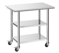 VEVOR Mesa de Preparación con Ruedas 91,5 x 61 x 86,4 cm, Mesa de Trabajo de Acero Inoxidable 3 Niveles, con Estante Ajustable, Bordes Redondeados, para Restaurantes, Hoteles, Cocinas, Garajes