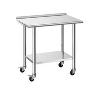 VEVOR Mesa de Trabajo de Acero Inoxidable 2 Niveles, Mesa de Preparación con Ruedas 91,5 x 61 x 89,4 cm, Estante Inferior Ajustable, Protector contra Salpicaduras, para Restaurantes, Bares, Hoteles