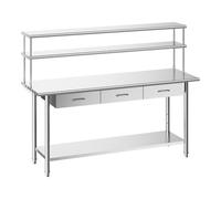 VEVOR Mesa de Trabajo de Acero Inoxidable con 3 Cajones y Estantes Superiores, Mesa de Preparación 182,9x61x140 cm, Estante Inferior Ajustable, Bordes Redondeados, para Restaurantes, Hoteles, Garajes