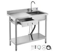 VEVOR Mueble de Fregadero de Acero Inoxidable, 100 x 50 x 94 cm, un Seno con Grifo y Cajón, con Patas Ajustables, para Garaje, Restaurante, Lavandería, Lavabo Exterior con Encimera Izquierda