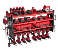 VEVOR Organizador de Herramientas Eléctricas de Pared, Estante de Almacenamiento de 4 Capas con 8 Portabrocas, con Tableros Perforados Laterales, para Garaje, Banco y Taller, Rojo Brillante Mate