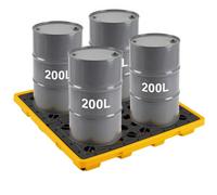 VEVOR Palet de Contención de Derrames para 4 Bidones, Capacidad de 4000 kg, Depósito de 117,4 L, Bandeja Antiderrames de HDPE con Drenaje, Apilable, Modular para Almacenamiento de Líquidos, Industrial