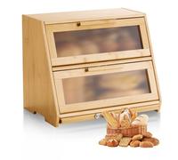VEVOR Panera de Doble Capa de Bambú para Encimera de Cocina, Panera de Madera Rústica para Pan Casero, con Panel de Puerta Acrílico Ondulado, Color Madera Natural, Trapezoide, 390 x 260 x 320 mm