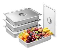 VEVOR Paquete de 4 sartenes de hotel, sartén de vapor antiatasco de tamaño completo con tapa, sartén de mesa de vapor de acero inoxidable de 0,8 mm de espesor, sartén de mesa comercial de 4 pulgadas d