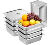 VEVOR Paquete de 8 sartenes de hotel, sartén de vapor antiatasco de tamaño 1/2 con tapa, sartén de mesa de vapor de acero inoxidable de 0,8 mm de espesor, sartén de mesa comercial de 4 pulgadas de pro