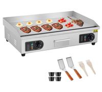 VEVOR, Parrilla eléctrica comercial, 4400W, tipo encimera, plana. Temperatura ajustable de 122°F a 572°F. Fabricada en acero inoxidable, con dimensiones de 28,74 x 15,75 x 0,39 pulgadas. Incluye 2 esp