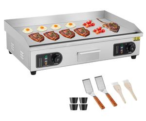 VEVOR, Parrilla eléctrica comercial, 4400W, tipo encimera, plana. Temperatura ajustable de 122°F a 572°F. Fabricada en acero inoxidable, con dimensiones de 28,74 x 15,75 x 0,39 pulgadas. Incluye 2 esp