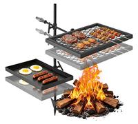 VEVOR: Parrilla giratoria para fogata de alta resistencia, con rejilla y placa de cocción portátiles de doble capa, robusta estructura de acero para barbacoa, ajustable en altura 360° sobre el fuego,