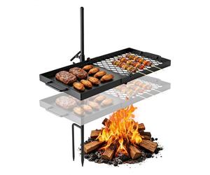 VEVOR Parrilla Giratoria para Hoguera 610 x 355 mm de Acero al Carbono, Parrilla para Fogatas, Rejilla Rectangular, Con Soporte, Soporta hasta 600°C, para Fuego Abierto, Camping, Jardín, Negro