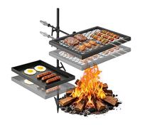 VEVOR Parrilla para Hoguera con Rejilla y Plancha de Acero al Carbono, Giratoria, Rejilla de 435x310 mm, Plancha de 417x257 mm, con Soporte, Soporta hasta 600°C, para Fuego Abierto, Camping, Negro