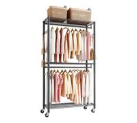 VEVOR Perchero Ajustable con Ruedas, de Acero al Carbono, con 2 Barras para Ropa, Carga de 204 kg, 3 Estantes y 8 Ganchos, para Dormitorio, Tienda de Ropa, Armario o Pasillo, 90 x 40 x 199,9 cm