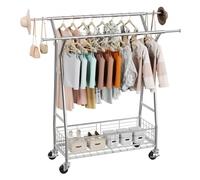 VEVOR Perchero Burro para Ropa 107-166 cm 2 Barras para Colgar y Cesta de Almacenamiento, Burro de Ropa con Ruedas, Carga de 150 kg, de Acero al Carbono, para Dormitorio, Lavandería, Sala de Estar