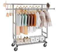 VEVOR Perchero Burro para Ropa con 4 Ruedas de 1 Estante y 2 Barras Longitud Extensible de 128-191 cm Altura de 144-187 cm Perchero de Acero Carga de 272 kg para Almacenaje de Ropas en Dormitorios