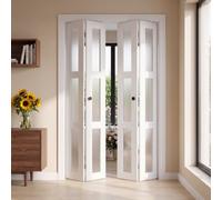 VEVOR Puerta Corredera Plegable con Herrajes 4 Paneles 305 x 2032 mm Blanco | para Sala de Estar, Dormitorio, Armario, Estilo Moderno, Vidrio Translúcido, de Madera y MDF, Kit Completo de Instalación