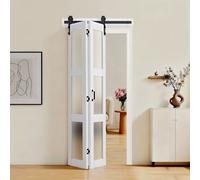 VEVOR Puerta Corredera Plegable Estilo Granero de 914 x 2134 mm, Fabricada en MDF y Vidrio Templado, con Juego de Herrajes, Diseño Compacto, Paneles Premontados para Dormitorio y Salón, Blanco