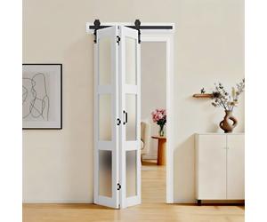 VEVOR Puerta Corredera Plegable Estilo Granero de 914 x 2134 mm, Fabricada en MDF y Vidrio Templado, con Juego de Herrajes, Diseño Compacto, Paneles Premontados para Dormitorio y Salón, Blanco