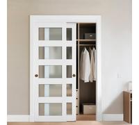 VEVOR Puerta Corrediza de Armario, para Huecos de 1219 x 2032 mm, Puerta Doble de 5 Paneles de Vidrio Esmerilado con Kit de Herrajes, Madera Maciza y MDF, Superficie de PVC Impermeable, Blanco