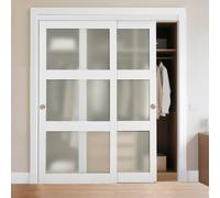 VEVOR Puerta Corrediza de Armario, para Huecos de 1829 x 2032 mm, Puerta Doble de 3 Paneles de Vidrio Esmerilado con Kit de Herrajes, Madera Maciza y MDF, Superficie de PVC Impermeable, Blanco