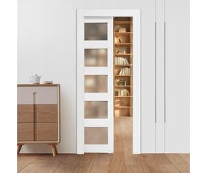 VEVOR Puerta Corrediza de Bolsillo, 2035 x 765 x 35 mm, Puerta Corrediza Simple con 5 Paneles de Vidrio Esmerilado, Kit de Herrajes, Madera Maciza Resistente y MDF, para Cocina, Oficina, Blanco