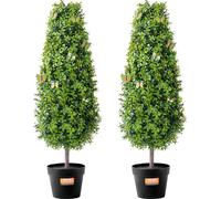 VEVOR, set de dos topiarios artificiales de boj, de 91,4 cm de altura. Incluye árboles artificiales, plantas verdes con hojas adicionales, macetas y pequeños elementos decorativos. El conjunto está pr