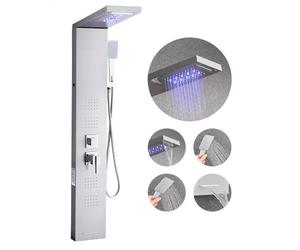 VEVOR Sistema de Ducha 5 en 1 con Panel Tipo Torre y Cabezal Tipo Cascada con Efecto Lluvia, LED, Columna de Ducha de Acero Inoxidable Cepillado, Grifo 5 Funciones, con Caño de Mano y de Bañera