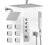 VEVOR Sistema de Ducha, con Ducha de Lluvia 40 cm, Cabezal de Pared 15 cm, 6 Rociadores, Cabezal de Lluvia Doble, Kit de Válvula de Latón, Níquel Cepillado, para Experiencia Corporal Completa