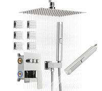 VEVOR Sistema de Ducha Elegante, con Ducha de Lluvia de 25 cm, 6 Rociadores Corporales, Cabezal de Lluvia Giratorio 3 Funciones, Válvula de Latón y Kit de Embellecedor, Cromado, Estilo Moderno