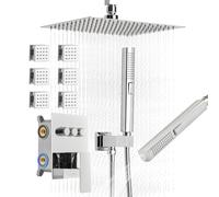 VEVOR Sistema de Ducha Elegante, con Ducha de Lluvia de 25 cm, 6 Rociadores Corporales, Cabezal de Lluvia Giratorio 3 Funciones, Válvula de Latón y Kit de Embellecedor, Cromado, Estilo Moderno