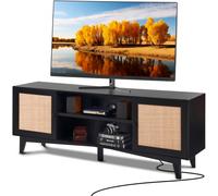 VEVOR Soporte de TV de ratán para TV de 75 pulgadas, soporte de TV Boho con puerta de ratán, centro de entretenimiento con enchufe incorporado, gabinete de almacenamiento con 2 estantes, consola de TV