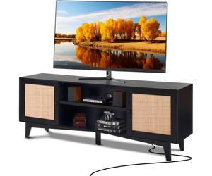 VEVOR Soporte de TV de ratán para TV de 75 pulgadas, soporte de TV Boho con puerta de ratán, centro de entretenimiento con enchufe incorporado, gabinete de almacenamiento con 2 estantes, consola de TV