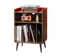 VEVOR Soporte para Tocadiscos 520 x 400 x 750 mm de 3 Niveles con Luz LED, Estación de Carga y Puertos USB, Capacidad Hasta 150 Álbumes, Gabinete de Discos de Vinilo con Estante de Exhibición, Marrón