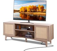 VEVOR Soporte para TV de ratán, moderno soporte para TV de mediados de siglo para TV de 75 pulgadas, mueble para TV de ratán bohemio con enchufe incorporado y puertos USB, estantes ajustables para sal