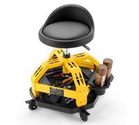 VEVOR Taburete de Taller con Ruedas Capacidad de 150 kg, Taburete Mecánico Altura Ajustable de 50-65 cm, Asiento de Mecánica Giratorio de 360°, con Respaldo, Bandeja para Herramientas, para Garaje