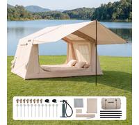 VEVOR Tienda de Campaña Inflable para 3-5 Personas Carpa Hinchable Beige | para Outdoor Glamping Viaje, Tela Impermeable Oxford 420d, con Toldo Parasol Claraboya Apertura de Chimenea Ventanas de Malla