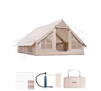 VEVOR Tienda Inflable para Acampar, Carpa Inflable de 4 x 3 x 2 m para 5-8 Personas con Bomba Manual, Conector para Estufa, 2 Puertas y 4 Ventanas de Malla, Bolsa de Almacenamiento, Beige
