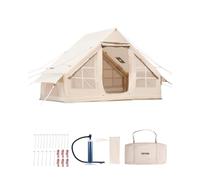 VEVOR Tienda Inflable para Acampar, Carpa Inflable de Tela Oxford 300D para 3-5 Personas con Bomba Manual, Conector para Estufa, 2 Puertas y 2 Ventanas de Malla, Bolsa de Almacenamiento, Beige