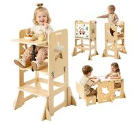 VEVOR Torre de Aprendizaje Montessori para Niños de Madera Convertible, Juego de Mesa y Sillas Infantiles 6 en 1, Taburete de Cocina Infantil, con Correa de Seguridad Pizarra, para Comer Jugar Dibujar
