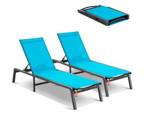VEVOR Tumbona de Jardín para Exterior 2 Piezas Tumbona Plegable de Aluminio para Patio con 5 Posiciones Ajustables Tumbona Reclinable Totalmente Plana para Playa, Piscina, Exterior, Terraza, Azul