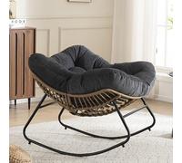 VHV Mecedora con ratán, silla mecedora de huevo, silla mecedora de gran tamaño, con acolchado grueso extraíble y marco de metal, carga de 150 kg, sillón para jardín, balcón, salón (negro)