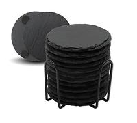 VIBRATITE - Paquete de 12 posavasos de pizarra con soporte de metal, posavasos de piedra de pizarra negra de 4 pulgadas, grabado láser a granel con parte inferior antiarañazos para bebidas, café, bar,